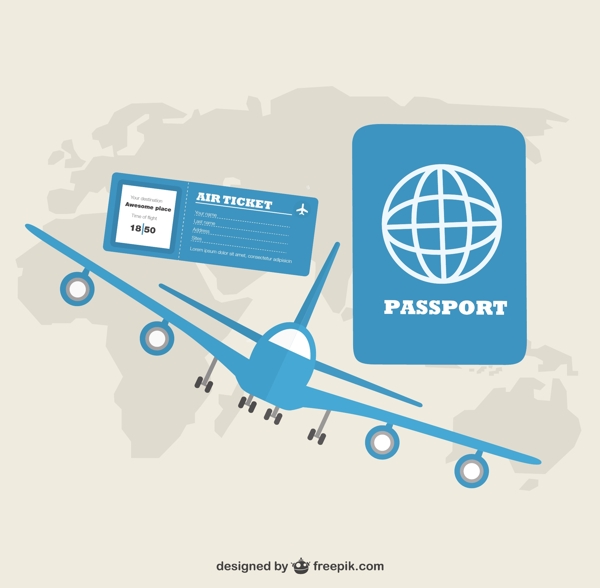 蓝aireplane和护照与世界地图