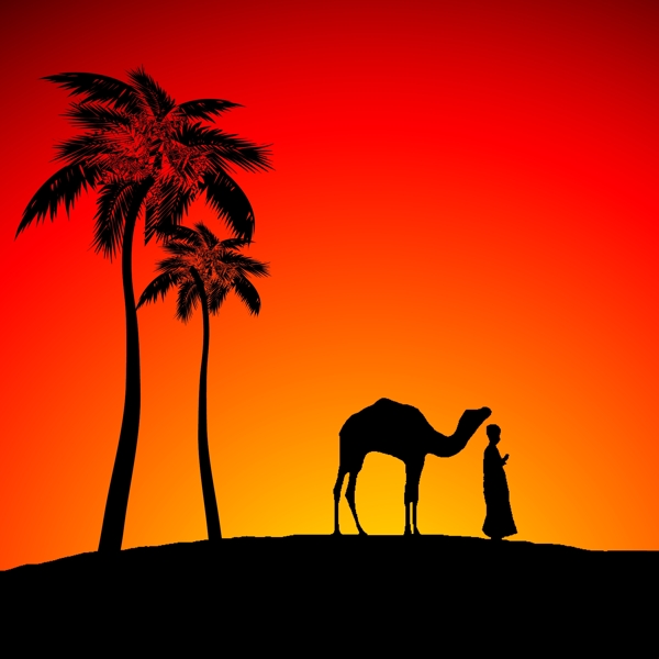 夕阳下的人和骆驼