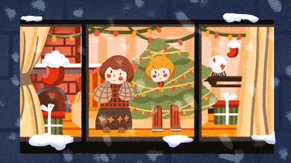 圣诞节双胞胎女孩室内看雪景圣诞袜壁炉礼物