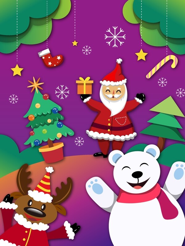 卡通圣诞老人送礼物圣诞节熊麋鹿剪纸风