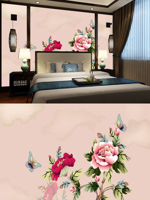 中式粉红背景牡丹水墨画卧室背景墙