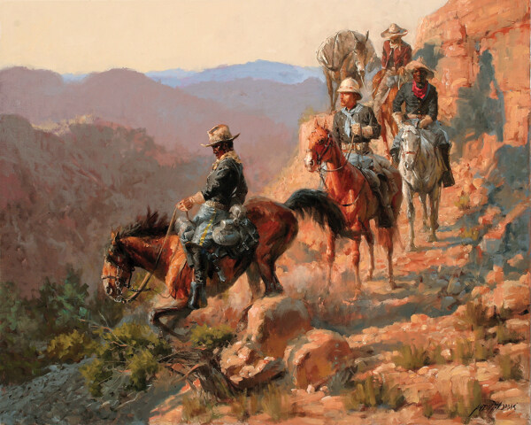 山地上骑马的人油画图片