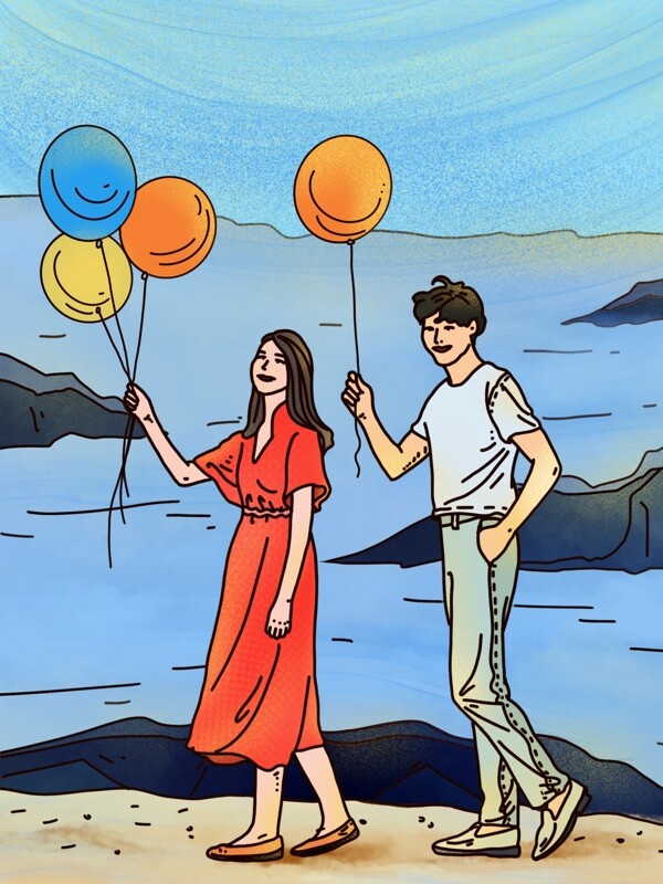 情侣海边气球小清新商业插画PSD格式