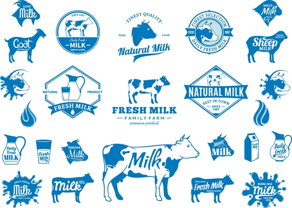 蓝色牛奶和奶制品图标