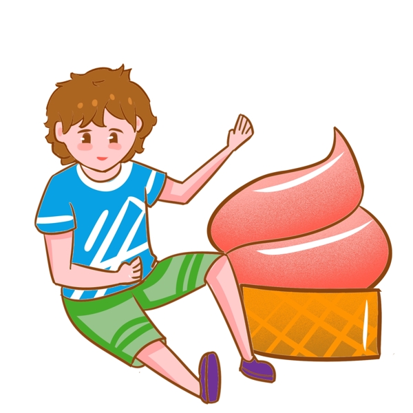 吃冰淇淋的男孩手绘插画