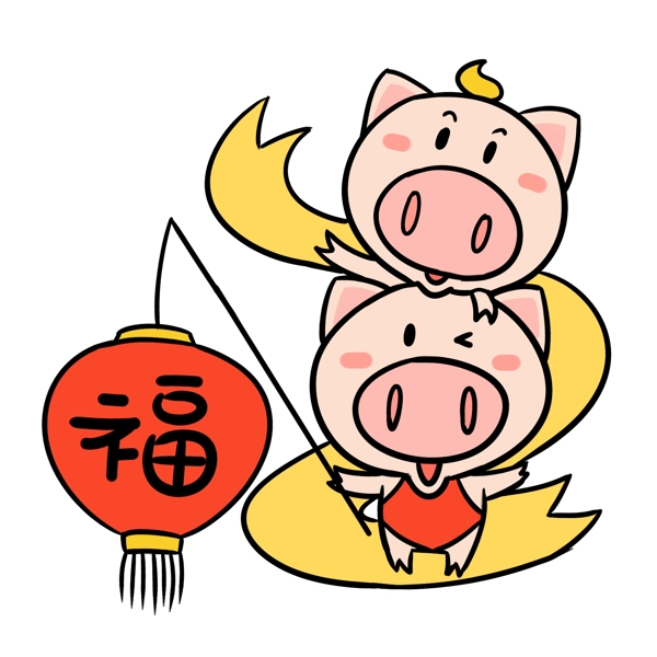 挑福灯笼的可爱猪猪卡通插画