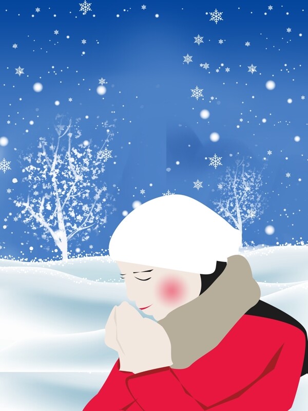 手绘冬季戴着白色帽子的女孩背景素材