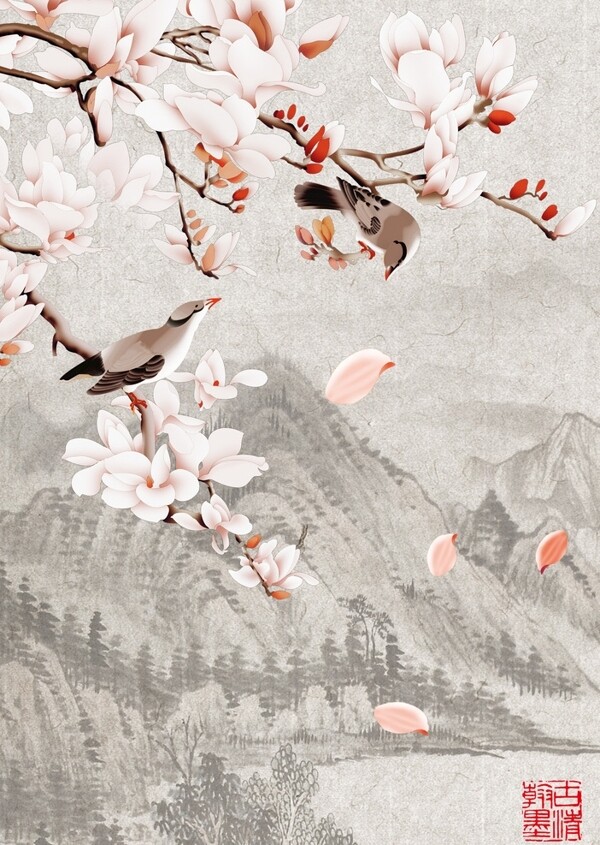 水墨桃花树上的鸟