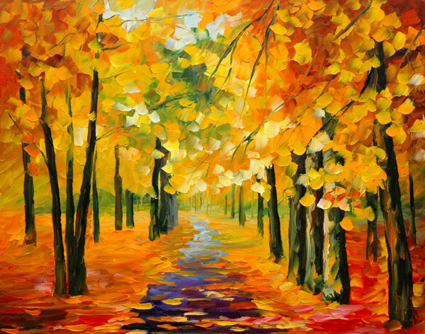 油画金色的秋天图片