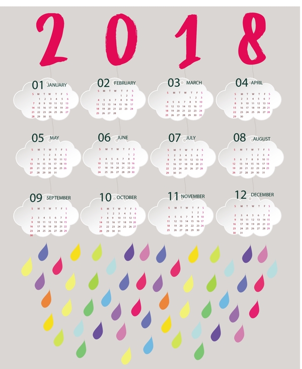 2018新年白云与彩色雨滴日历背景图