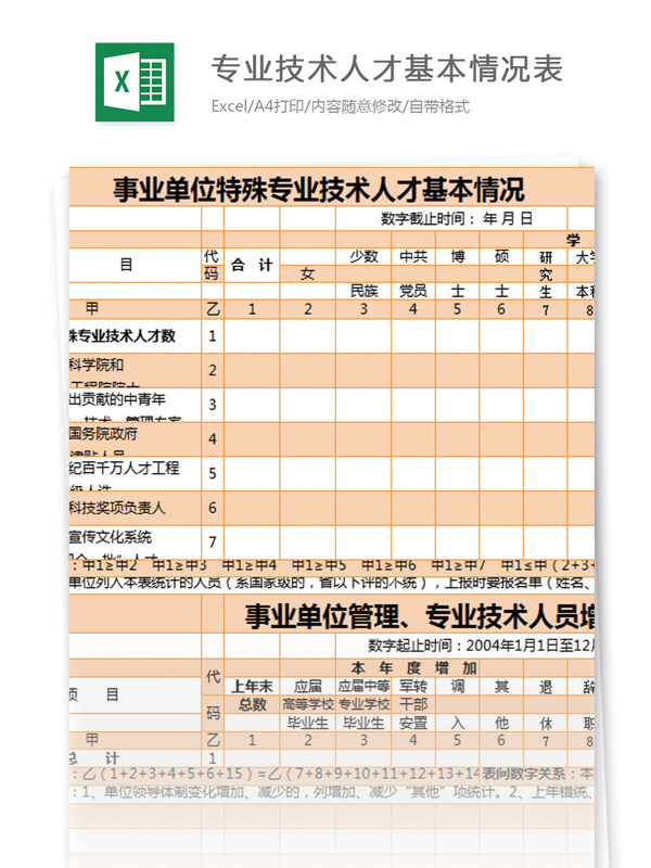 专业技术人才基本情况表excel模板表格