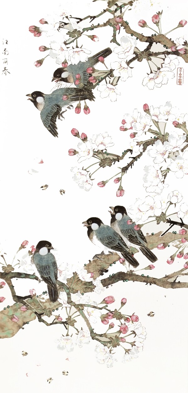 水墨桃花树上的鸟背景