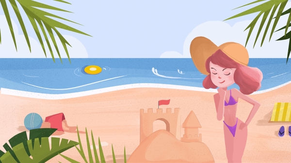夏日热带海边度假旅行泳衣沙滩矢量原创插画