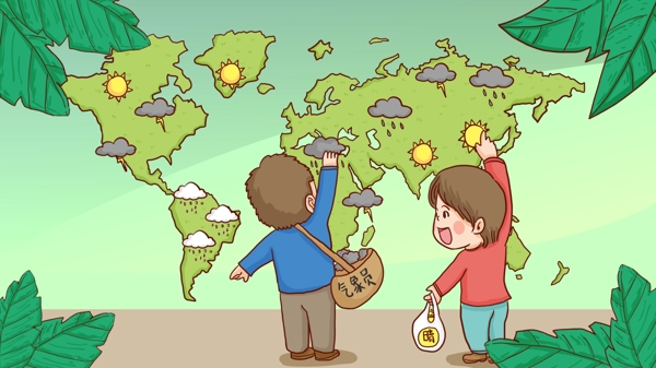 世界气象日预报员们布置天气元素手绘插画
