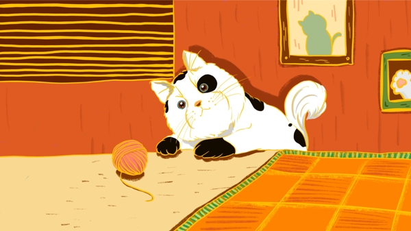 客厅玩毛线球的小猫卡通背景