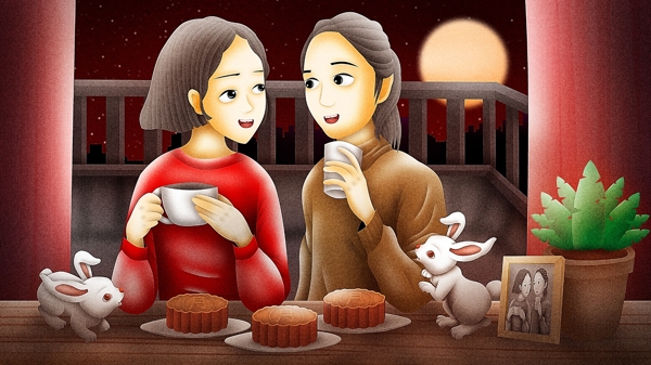 质感中秋和闺蜜一起吃月饼赏月玉兔原创插画