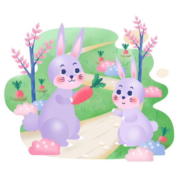 母亲节兔子手绘母亲和孩子动物卡通元素