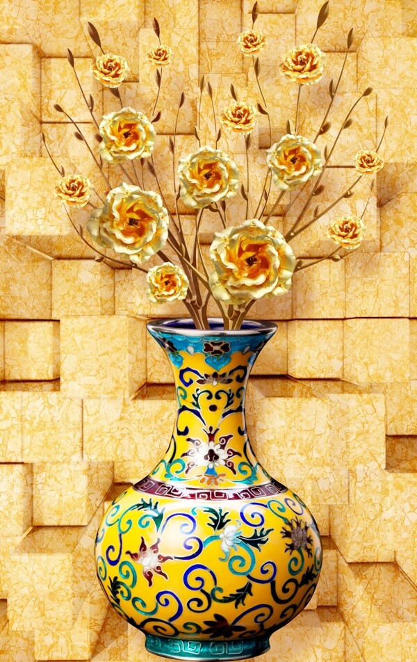 青花瓷花瓶金色玫瑰花