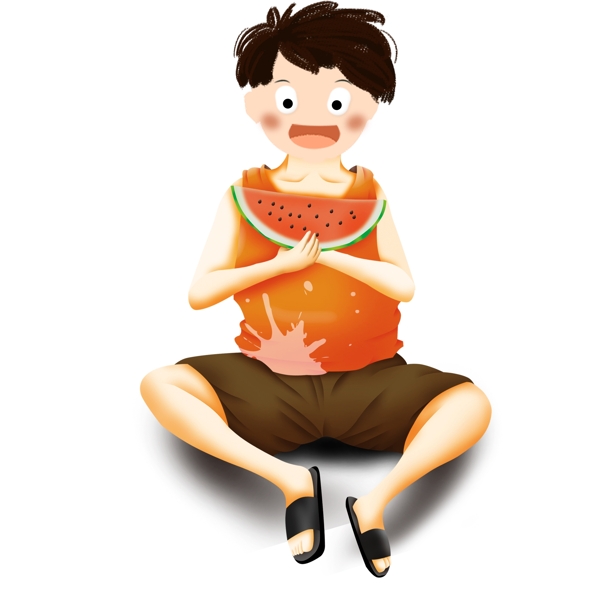 清凉夏季吃西瓜的男孩子