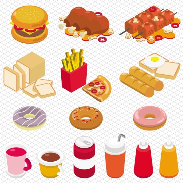 三维立体图形中垃圾食品图形的图示