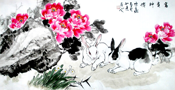 国画牡丹与兔子图片