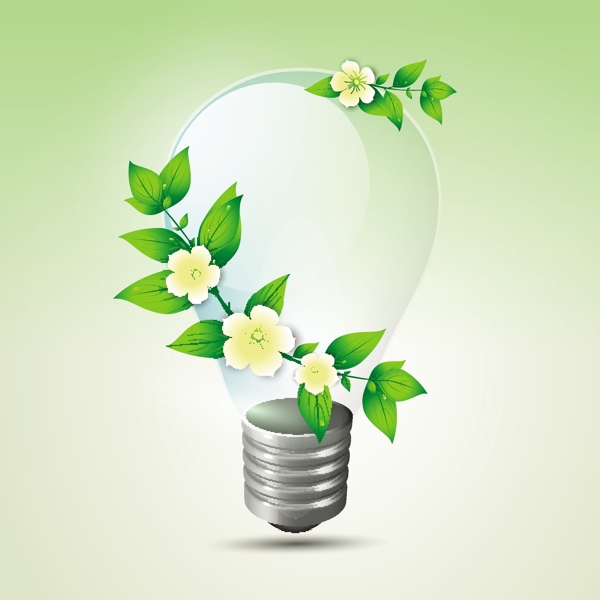 绿色的叶子和电灯泡节省能源的概念