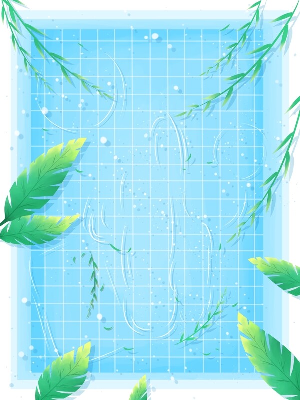 清新夏至节气绿叶柳条游泳池背景设计