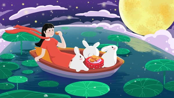 可爱卡通中秋佳节荷塘月色女孩赏月吃月饼场景插画