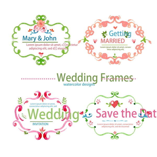 4款水彩绘婚礼花纹框矢量素材