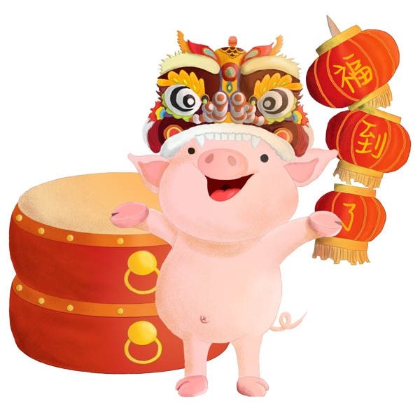 猪年吉祥舞狮福猪卡通手绘免费素材