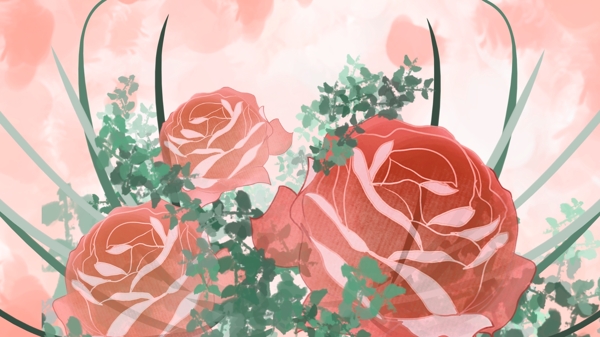 红色玫瑰花朵绿叶粉色背景