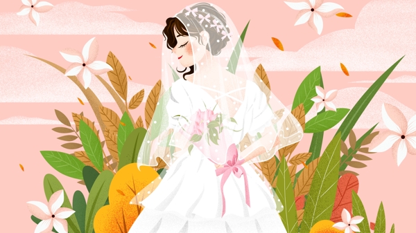 清新浪漫婚礼季穿着婚纱新娘插画