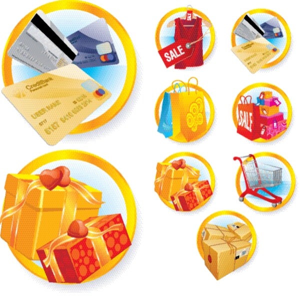 消费图标购物图标礼物包裹购物篮SALE折扣信用卡购物袋eps