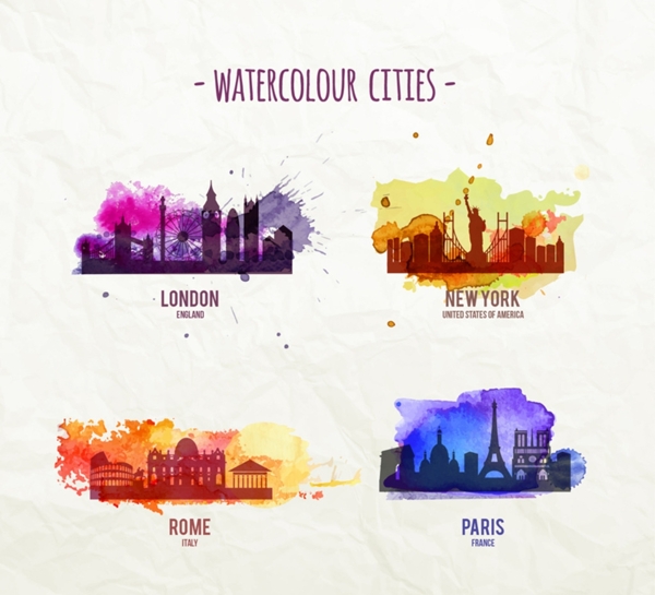 水彩城市设计矢量图