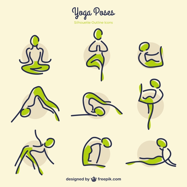素描瑜伽姿势与绿色细节