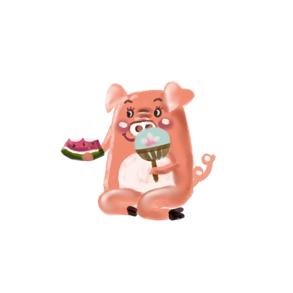 复古手绘夏天吃西瓜的小猪