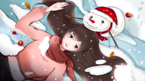 手绘插画冬季雪中女孩与雪人冬天你好