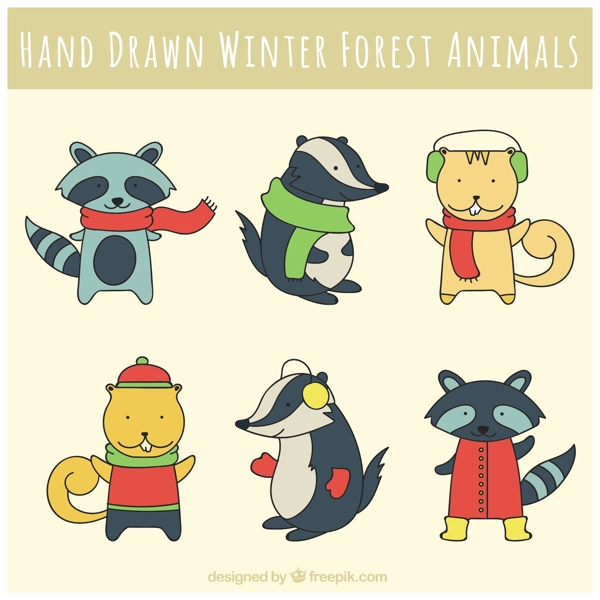 可爱的森林动物穿着冬天的衣服