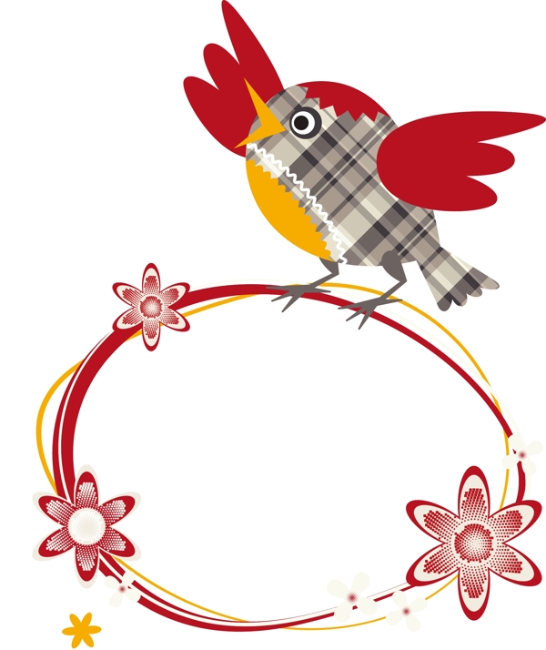 卡通红色花朵小鸟圆形边框矢量元素