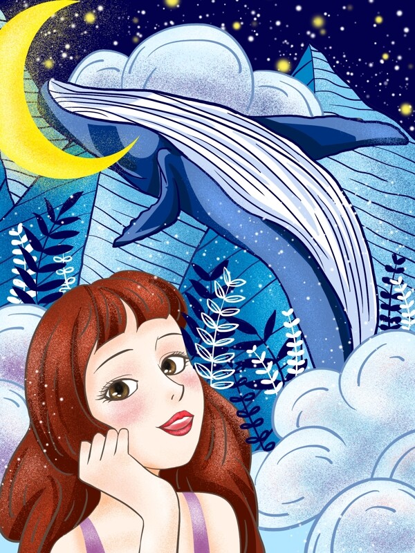 星空中飞跃的鲸与女孩