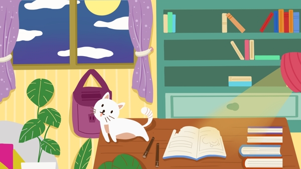 手绘家居书桌猫咪开学季背景设计