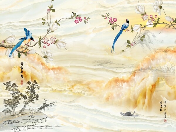 新中式大理石纹花鸟背景墙