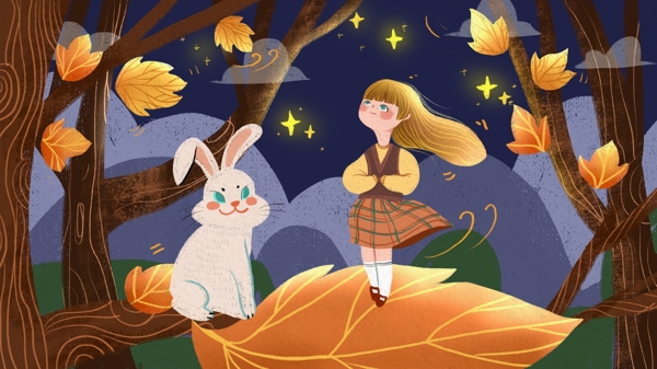 秋分主题少女站在树上治愈系插画