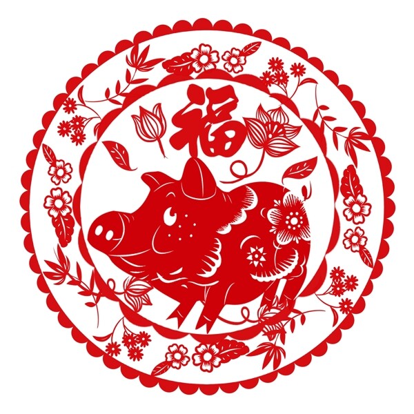 新春喜庆红色猪年福字窗花装饰元素