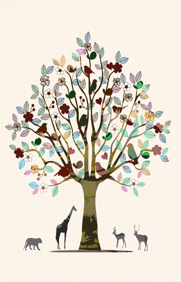 彩色手绘树叶小鸟动物装饰画