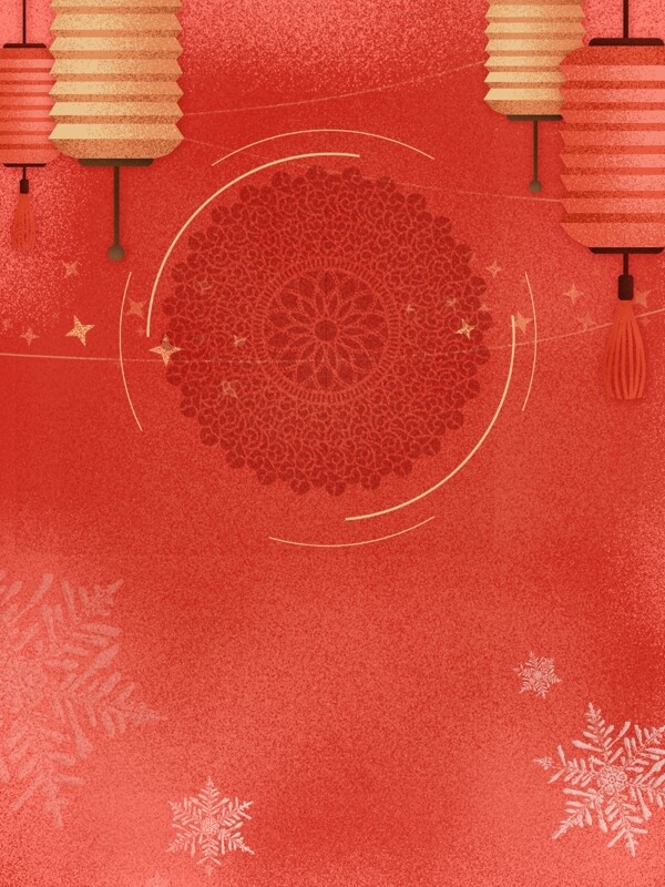 彩绘红色灯笼雪花新年背景设计