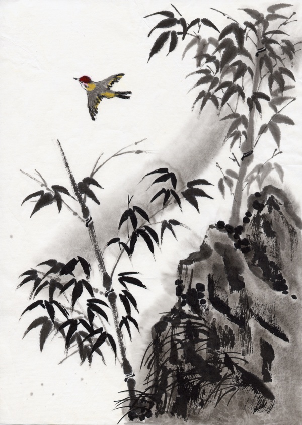 水墨风景林中飞鸟图片图片