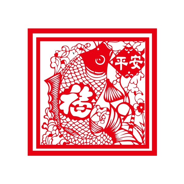 中国风鲤鱼红色剪纸可商用