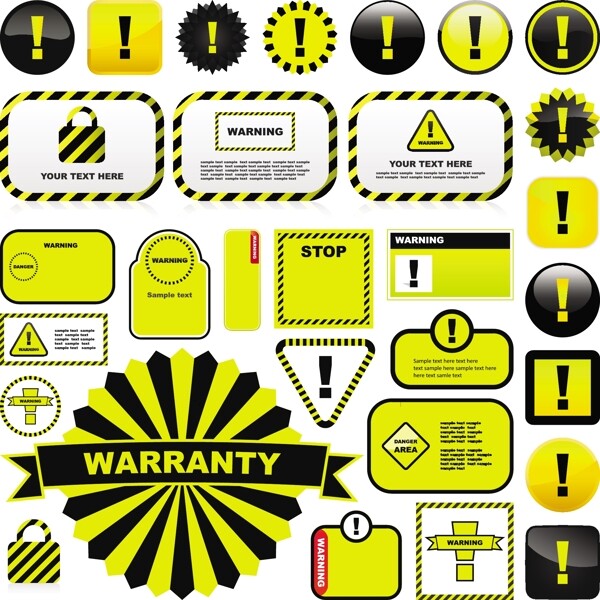 黄色警告标志和标签01矢量