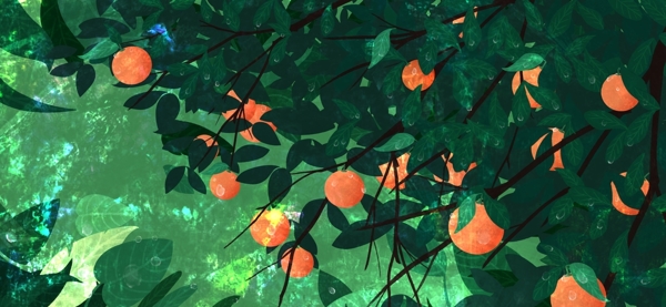 柿子树传统国风插画卡通背景